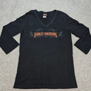 Harley-Davidson Women's Medium Black V-Neck 3/4 Sleeve Graphic Tee Shirt‎ Top